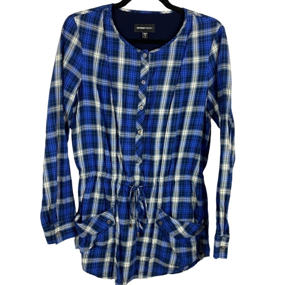 ✨3/$21✨ Fifteen Twenty Blue Plaid Long Sleeve Popover Tunic Top Small